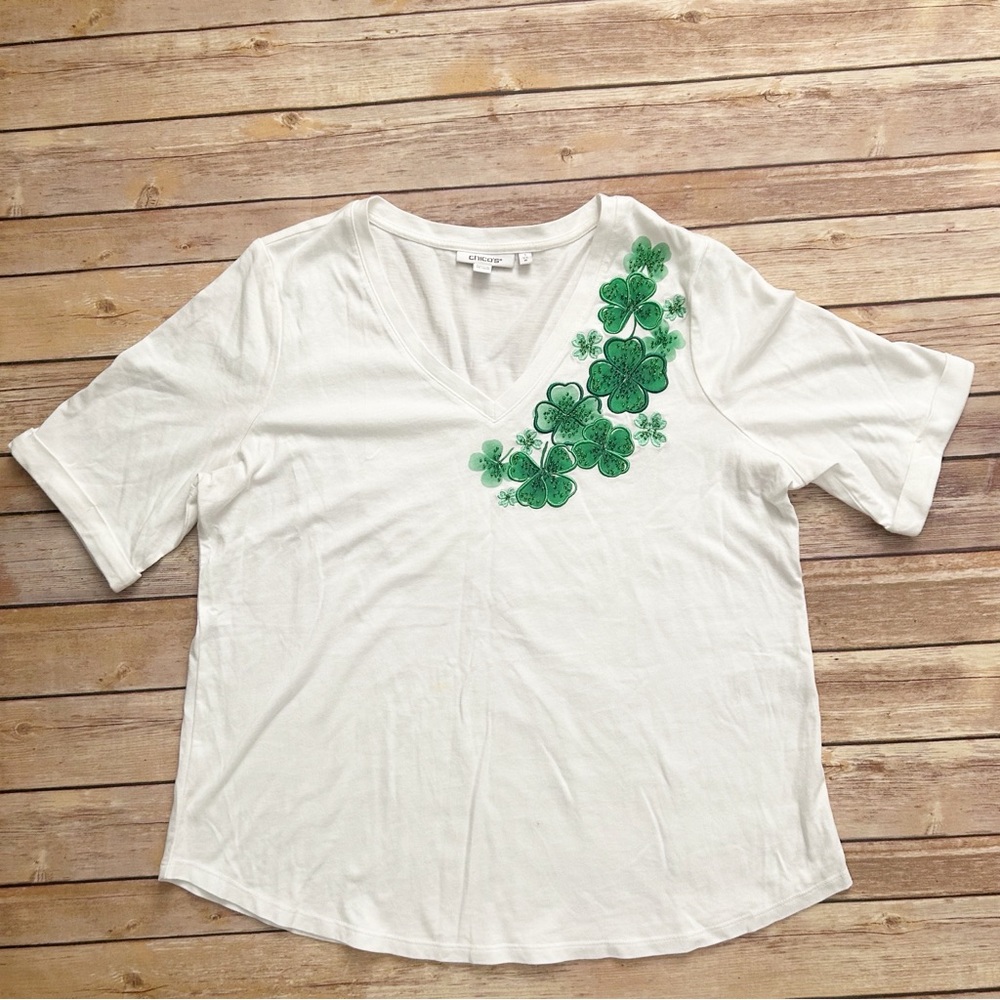 Chico's White Tee with Green Clover Design